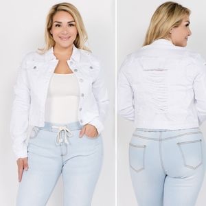 plus size cropped white denim jacket